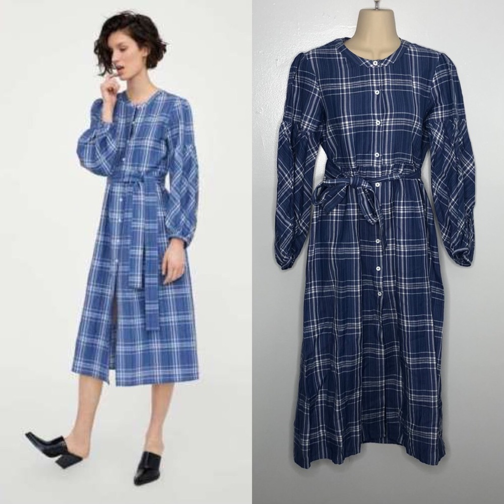 Zara blue plaid long sleeve midi flannel dress XS